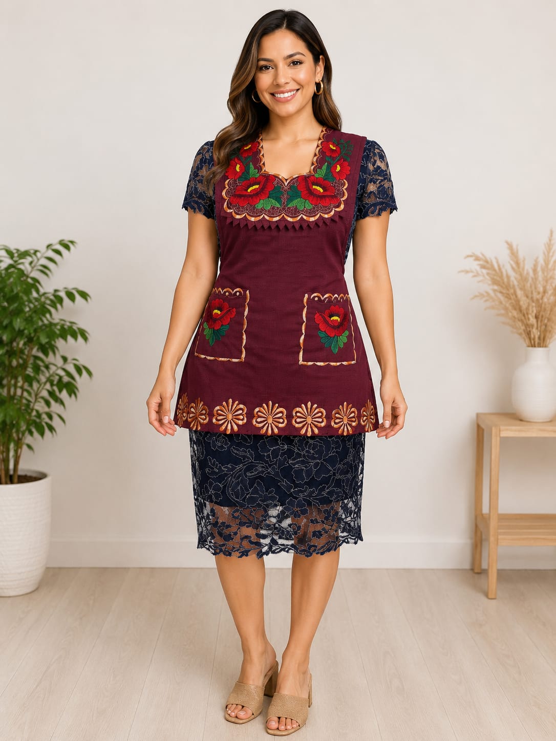 Oaxacan Embroidered Apron – Red Flowers
