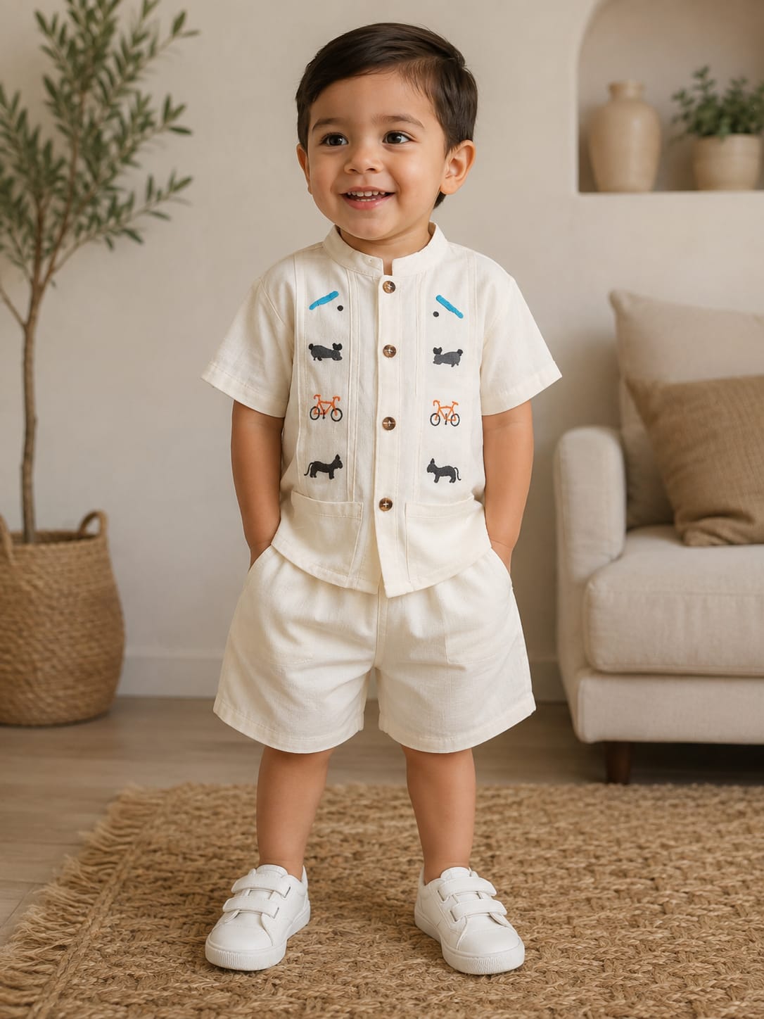 Handmade Boys' Embroidered Linen Set | Cream Color | Oaxaca Artisan Collection