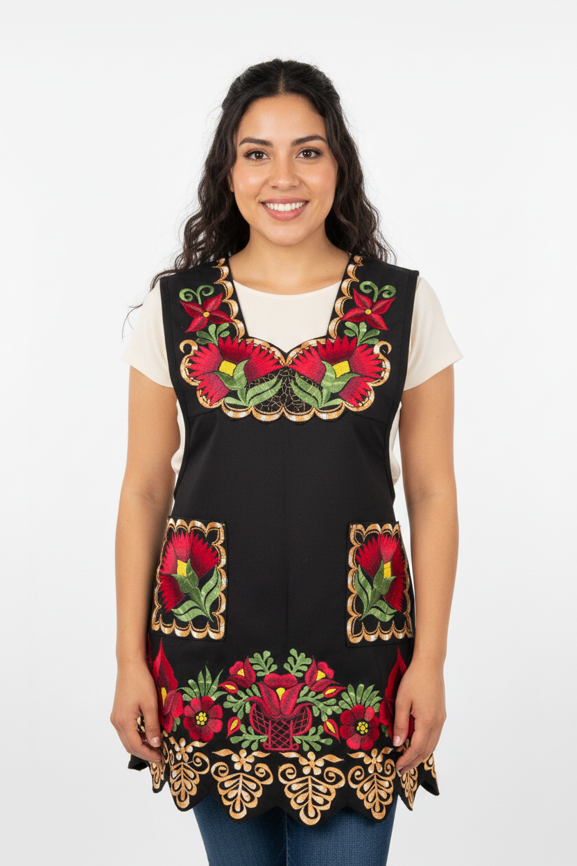Modelo con mandil artesanal oaxaqueño - frente