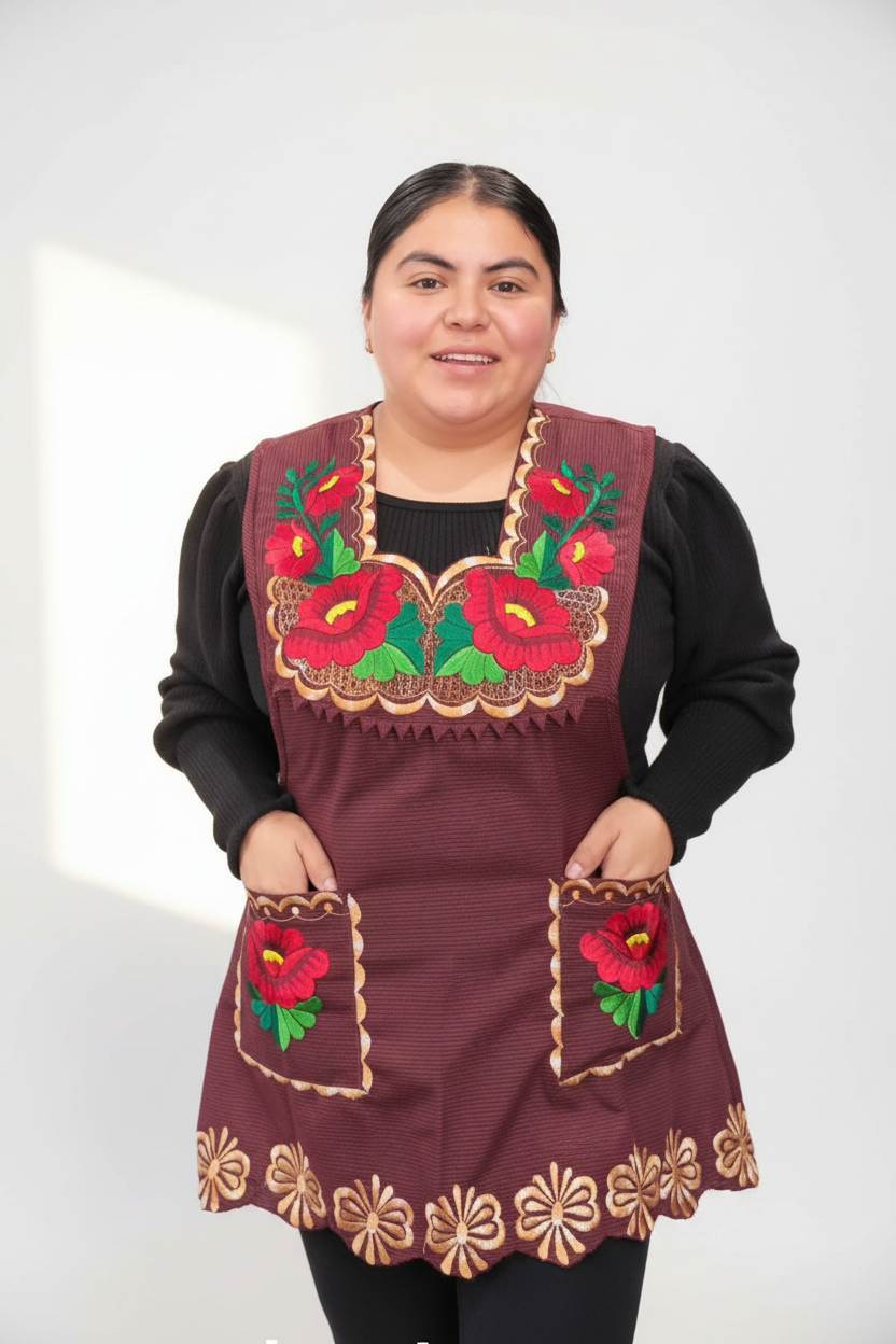 Modelo con delantal bordado oaxaqueño