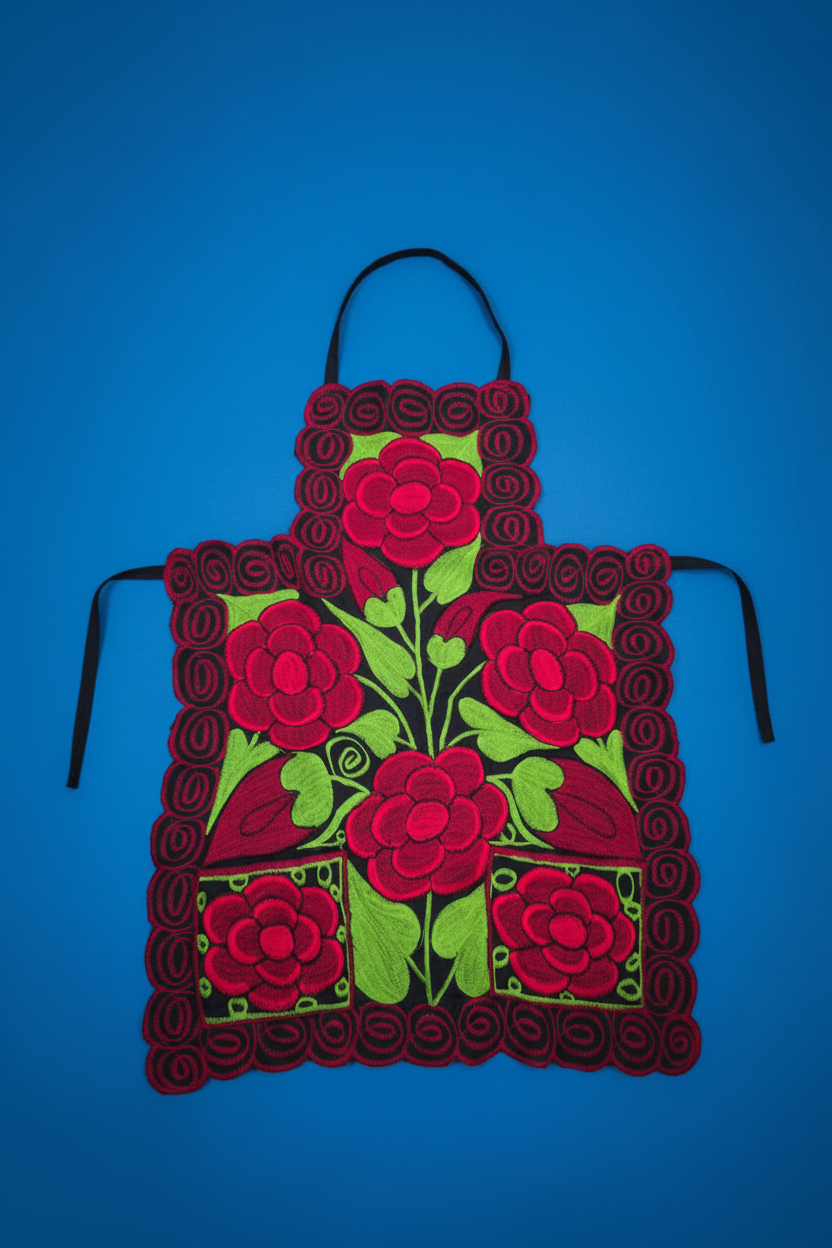 Mandil artesanal oaxaqueño extendido, fondo azul cobalto