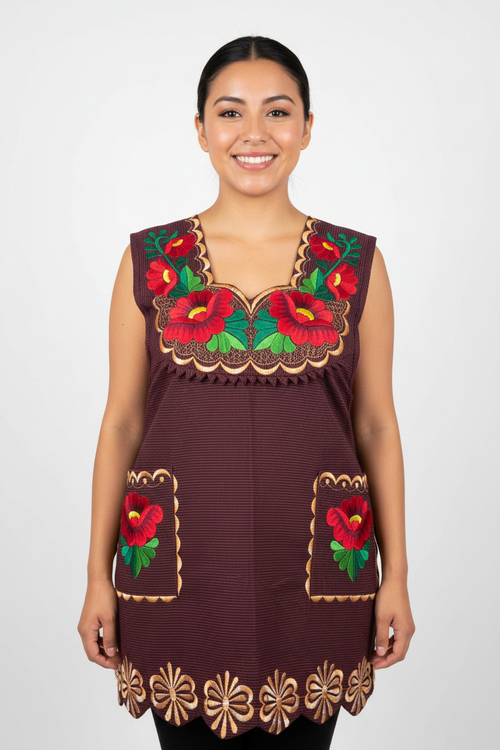 Modelo con delantal bordado oaxaqueño - vista frontal