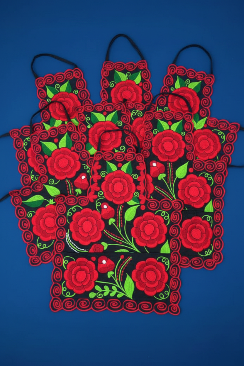 Colección de mandiles artesanales oaxaqueños, fondo azul cobalto